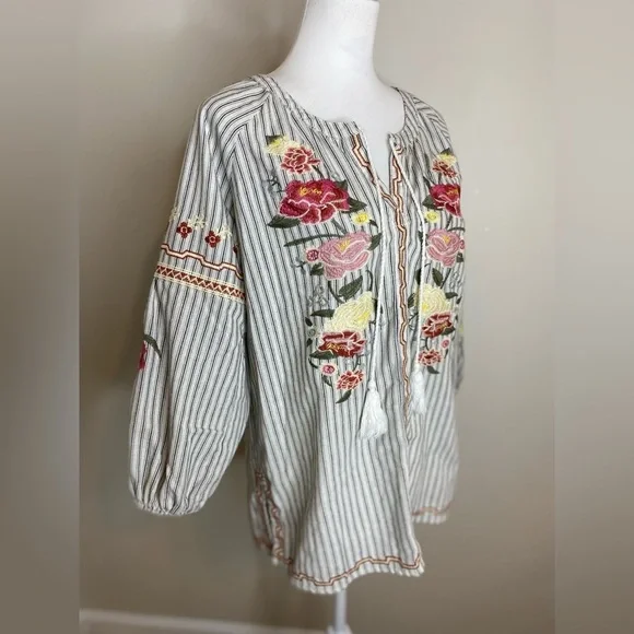 Floral Embroidered Cotton Bubble Sleeve Bohemian Tassel Striped Women's Top Sz M - Picture 2 of 9